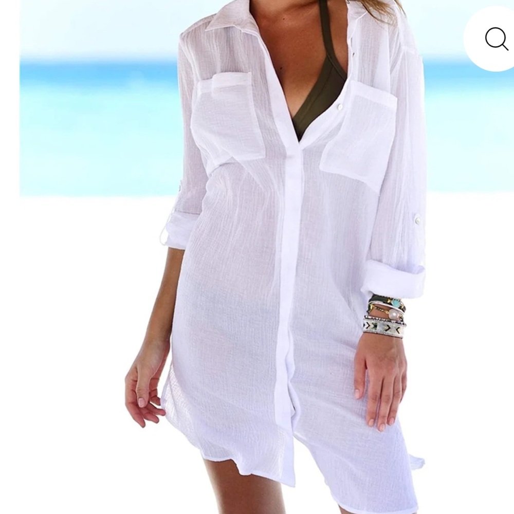 White Linen oversized button down pockets Oxford summer cover up beach swim S